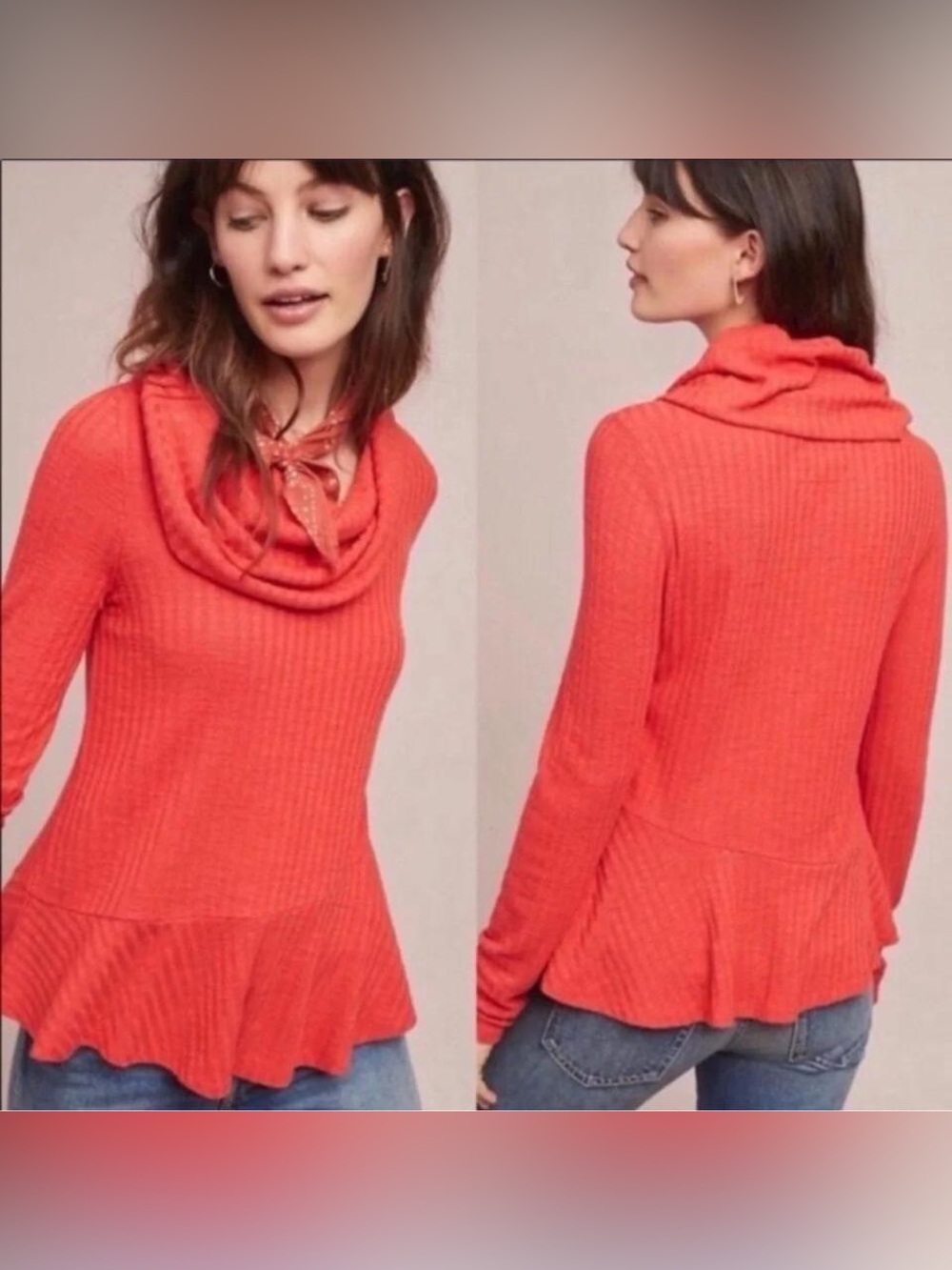 Maeve Anthropologie red cowl neck peplum knit long sleeve ~ Size S